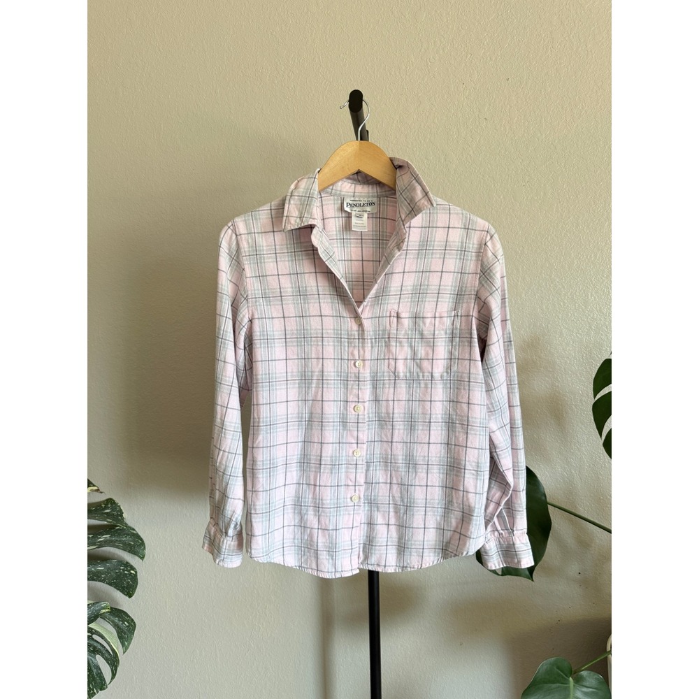 Pendleton Womens Pink Gray Plaid Cotton Flannel Button Down Shirt Size S